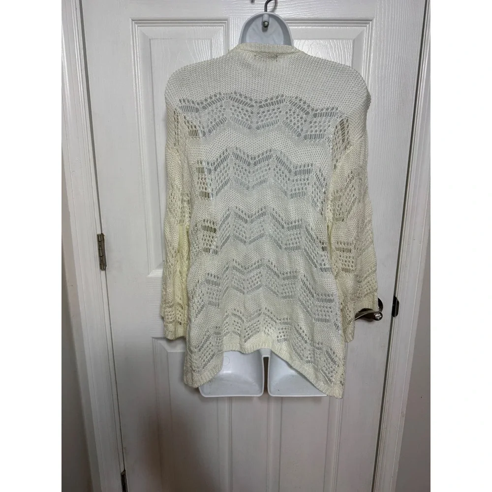 Joseph A Womens Cream Pointelle Knit Open Front Cardigan Chevron Sweater Medium - Picture 3 of 5